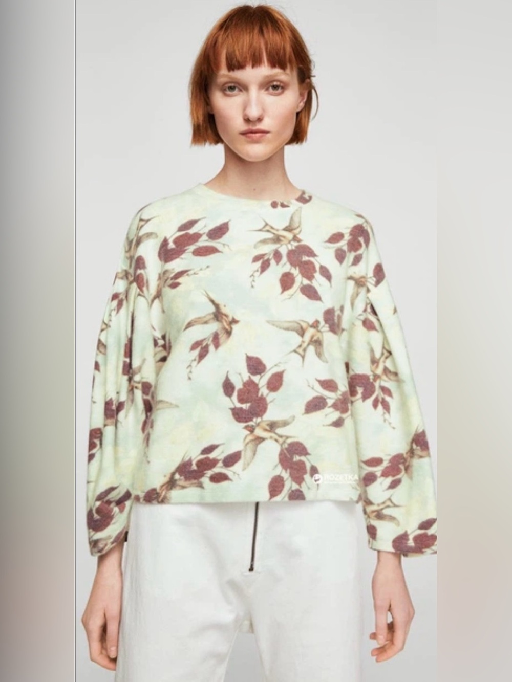 Mango Brushed Bird Print Sweater Floral Soft Knit XS